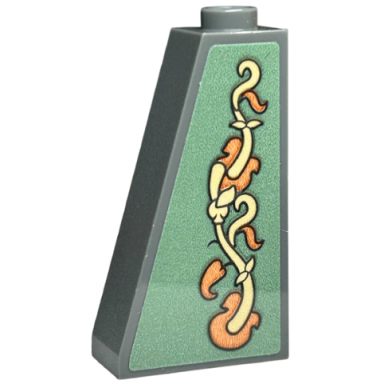 dark bluish gray slope 75 2 x 1 x 3 - hollow stud with wallpaper orange and tan vines and leaves on sand green background pattern sticker - set 40579