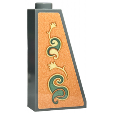 dark bluish gray slope 75 2 x 1 x 3 - hollow stud with wallpaper sand green and tan swirls and feathers on orange background pattern sticker - set 40579