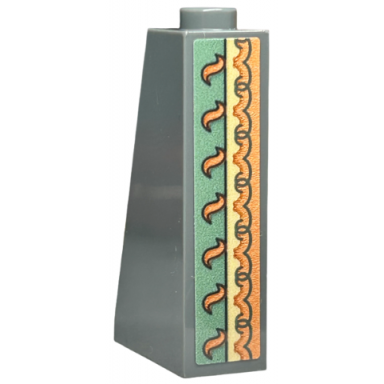 dark bluish gray slope 75 2 x 1 x 3 - hollow stud with wallpaper orange swirls and ornamental geometric border on sand green background pattern on end sticker - set 40579