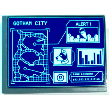 dark bluish gray slope 10 6 x 8 with display screen with map gotham city alert! bank account and $83553222017.66 on blue background pattern sticker - set 76122