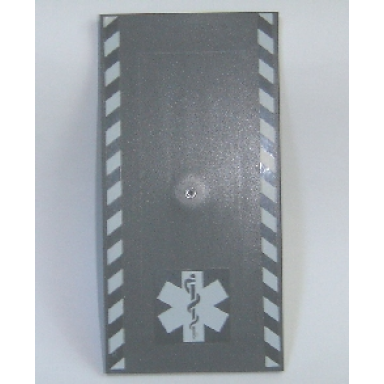dark bluish gray tile 8 x 16 with bottom tubes on edges with white safety stripes and emt star of life pattern stickers - set 7892