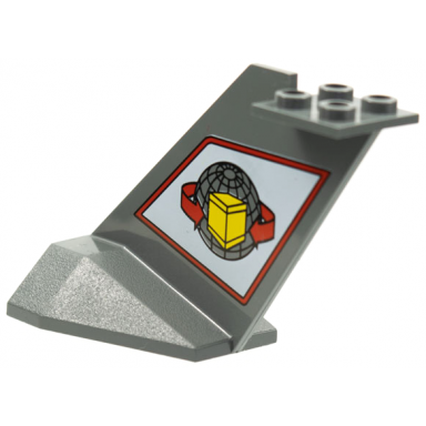 dark bluish gray tail wedge with yellow box red curved arrows and wire frame globe on white background pattern on both sides