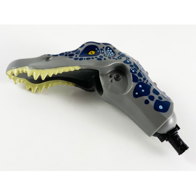 dark bluish gray dinosaur head baryonyx with pin tan teeth dark blue and metallic light blue spots pattern
