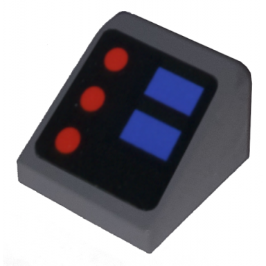 dark bluish gray slope 30 1 x 1 x 2 3 with red and blue buttons pattern sticker - set 10179