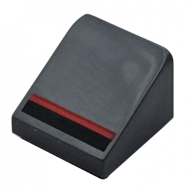 dark bluish gray slope 30 1 x 1 x 2 3 with black and red stripes pattern