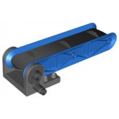 dark bluish gray duplo conveyor belt on 4 x 4 base with blue sides and black belt