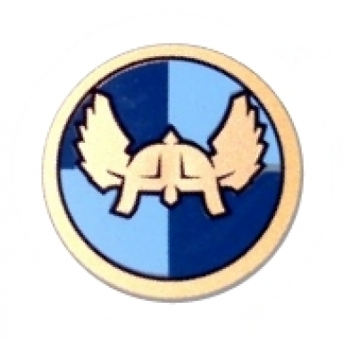dark bluish gray minifigure shield circular round flat face with winged helmet on dark blue and medium blue quarters background pattern