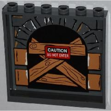 dark bluish gray panel 1 x 6 x 5 with stone arch wooden boards and caution do not enter pattern on inside sticker - set 79103