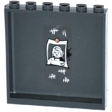 dark bluish gray panel 1 x 6 x 5 with tally marks crack and pinned female minifigure photo with heart pattern on inside sticker - set 60130