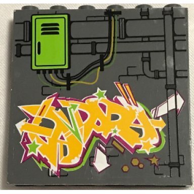 dark bluish gray panel 1 x 6 x 5 with pipes lime door and lime light orange and magenta graffiti on brick wall pattern sticker - set 79117