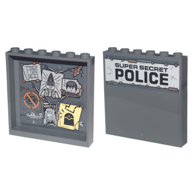 dark bluish gray panel 1 x 6 x 5 with detective board with posters barbed wire and super secret police pattern on both sides stickers - set 70840