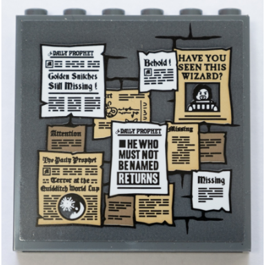 dark bluish gray panel 1 x 6 x 5 with daily prophet newspaper pages missing notices and have you seen this wizard? wanted posters pattern stickers - set 75978