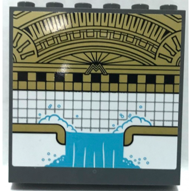 dark bluish gray panel 1 x 6 x 5 with medium azure waterfall and bubbles black gold and white tiles arches and capital letter m pattern sticker - set 70922