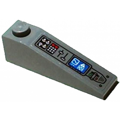 dark bluish gray slope 18 4 x 1 with control panel with buttons lights switches lever and blue screen pattern model left side sticker - set 76265