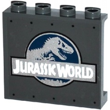 dark bluish gray panel 1 x 4 x 3 with side supports - hollow studs with jurassic world logo pattern sticker - set 75919