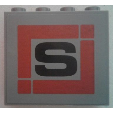 dark bluish gray panel 1 x 4 x 3 with side supports - hollow studs with black s in dark red square pattern sticker - set 79116