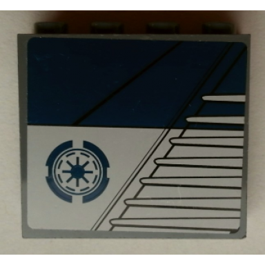 dark bluish gray panel 1 x 4 x 3 with side supports - hollow studs with dark blue rectangle and sw republic logo pattern model left side sticker - set 75046