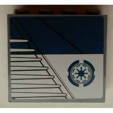 dark bluish gray panel 1 x 4 x 3 with side supports - hollow studs with dark blue rectangle and sw republic logo pattern model right side sticker - set 75046