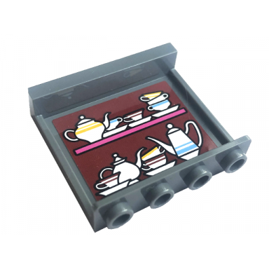 dark bluish gray panel 1 x 4 x 3 with side supports - hollow studs with white teapots and teacups on shelves on dark red background pattern sticker - set 76396
