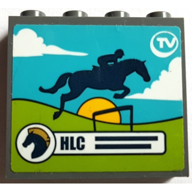 dark bluish gray panel 1 x 4 x 3 with side supports - hollow studs with hlc and jumping horse on tv screen pattern sticker - set 41367