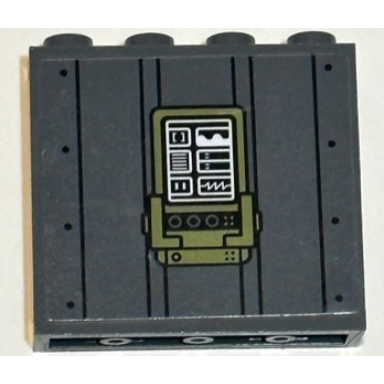 dark bluish gray panel 1 x 4 x 3 with side supports - hollow studs with olive green control panel with white charts black lines and rivets pattern sticker - set 75933