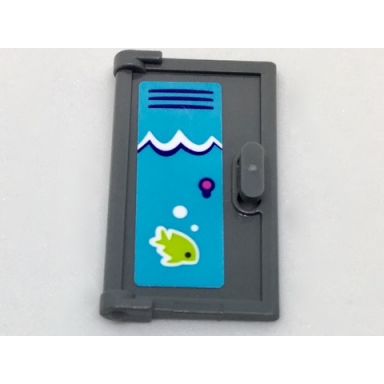 dark bluish gray door 1 x 2 x 3 with vertical handle mold for tabless frames with pool locker white waves and lime fish pattern sticker - set 41313