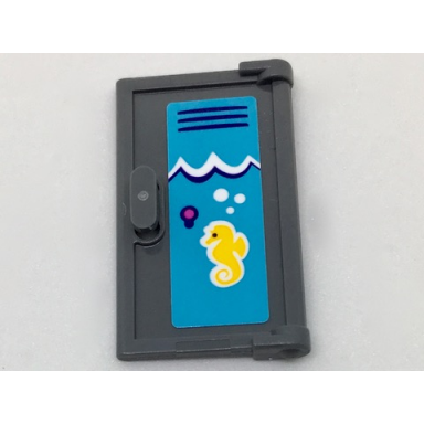 dark bluish gray door 1 x 2 x 3 with vertical handle mold for tabless frames with pool locker white waves and bright light orange seahorse pattern sticker - set 41313