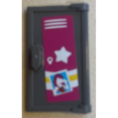 dark bluish gray door 1 x 2 x 3 with vertical handle mold for tabless frames with school locker with white star and picture of friends character singing pattern sticker - set 41134