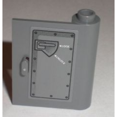dark bluish gray door 1 x 3 x 3 right - open between top and bottom hinge with lock and unlock handle pattern sticker - set 8211