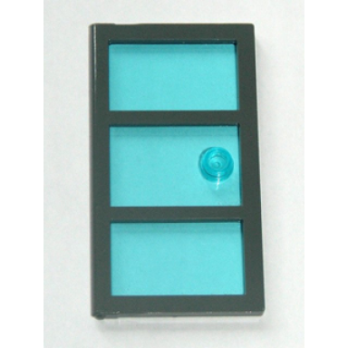 dark bluish gray door 1 x 4 x 6 with 3 panes with molded trans-light blue glass with stud handle pattern