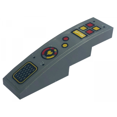 dark bluish gray slope curved 4 x 1 with black grille gold flame in circle and red and gold buttons pattern model right side sticker - set 71773