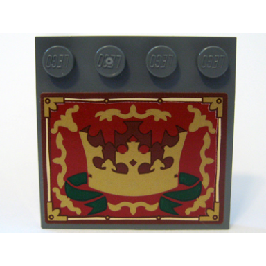 dark bluish gray tile modified 4 x 4 with studs on edge with gold crown and border dark green ribbon pattern sticker - set 10193