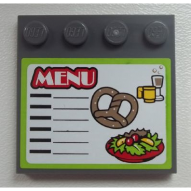 dark bluish gray tile modified 4 x 4 with studs on edge with menu cups pretzel and salad pattern sticker - set 60026
