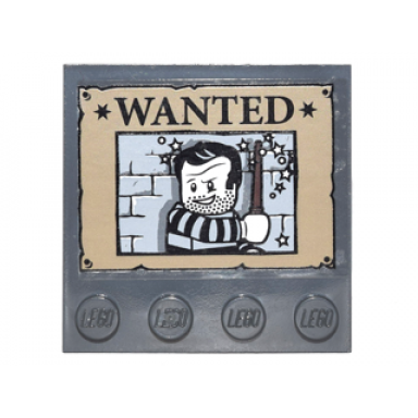 dark bluish gray tile modified 4 x 4 with studs on edge with wanted poster and convict minifigure holding wand pattern sticker - set 10217