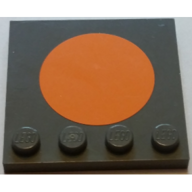 dark bluish gray tile modified 4 x 4 with studs on edge with large orange circle in center pattern sticker - set 75050