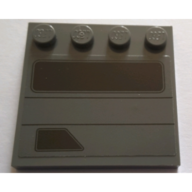 dark bluish gray tile modified 4 x 4 with studs on edge with black rectangle trapezoid and lines pattern model right side sticker - set 75155