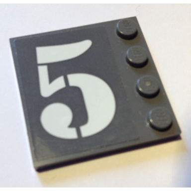 dark bluish gray tile modified 4 x 4 with studs on edge with white number 5 pattern model left side sticker - set 60125
