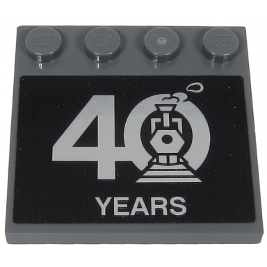 dark bluish gray tile modified 4 x 4 with studs on edge with silver 40 years and steam engine on black background pattern sticker - set 40370