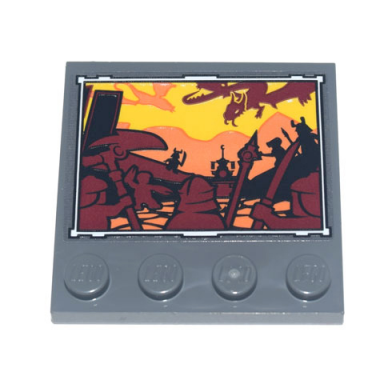 dark bluish gray tile modified 4 x 4 with studs on edge with framed painting of battle scene with warriors and dragon pattern sticker - set 71741