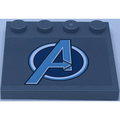dark bluish gray tile modified 4 x 4 with studs on edge with metallic light blue avengers logo pattern sticker - set 76131