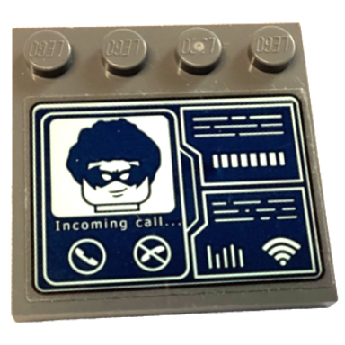 dark bluish gray tile modified 4 x 4 with studs on edge with light aqua incoming call.. robin minifigure head telephones and wifi symbol on dark blue screen pattern sticker - set 76122