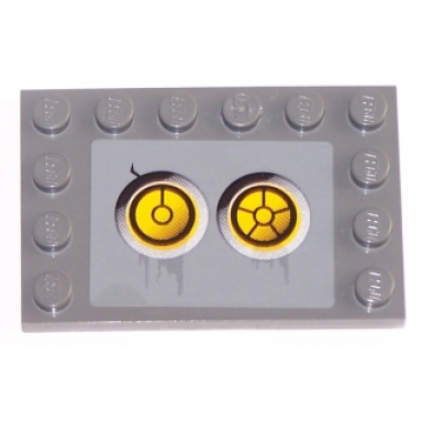 dark bluish gray tile modified 4 x 6 with studs on edges with 2 yellow circles with bionicle code pattern 6 sticker - set 8759
