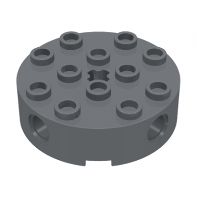 dark bluish gray brick round 4 x 4 with 4 side pin holes and center axle hole