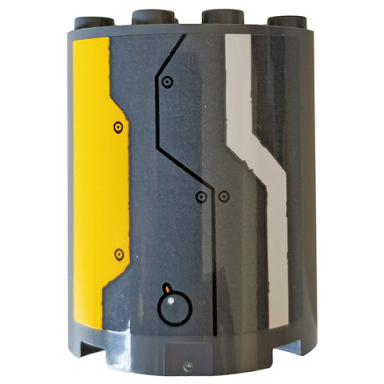 cylinder half 2 x 4 x 4 with bright light orange and dark bluish gray armor plates rivets and white stripe pattern sticker - set 76059
