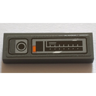 dark bluish gray tile 1 x 3 with control panel and black button pattern model left side sticker - set 75144