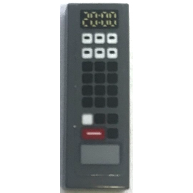 dark bluish gray tile 1 x 3 with microwave controls with red black and white buttons and digital 20:00 timer pattern sticker - set 70922