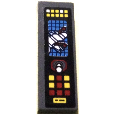 dark bluish gray tile 1 x 3 with control panel with joystick red and yellow buttons and white batwing on black grid pattern model left side sticker - set 70916