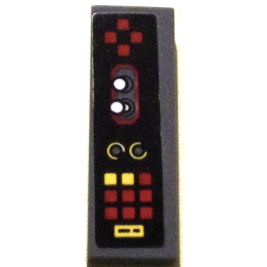 dark bluish gray tile 1 x 3 with control panel with joysticks red and yellow buttons and dials pattern model right side sticker - set 70916