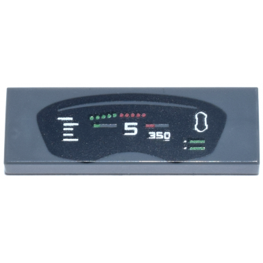 dark bluish gray tile 1 x 3 with black dashboard display with red and green lights and gauges white number 5 and 350 pattern