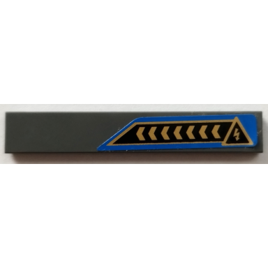 dark bluish gray tile 1 x 6 with gold chevrons and electricity danger triangle on black and blue background pattern model left side sticker - set 70731